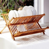 Dish Rack 17.5” Bamboo 2 Tier Collapsible Folding Drying Utensil Dishes Holder
